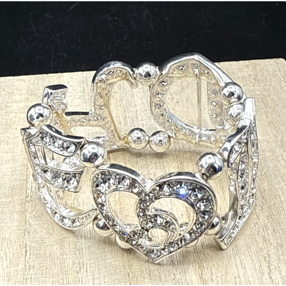 Crystal Bracelet LOVE Bling Rhinestone Heart Silver Tone 6.5" Stretch Bangle - Picture 2 of 9
